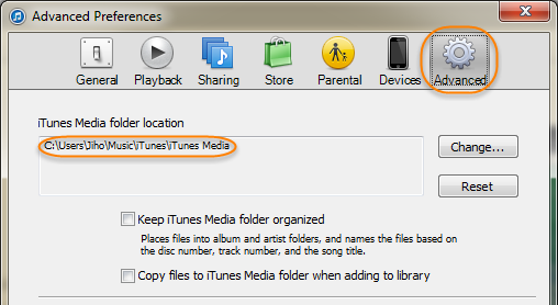 iTunes Media folder location